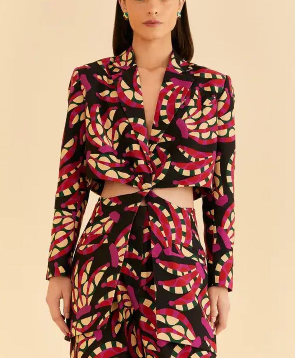 NEW Farm Rio Cut Out Blazer Womens S Banana Dots Black Lyocell Cotton Tropical